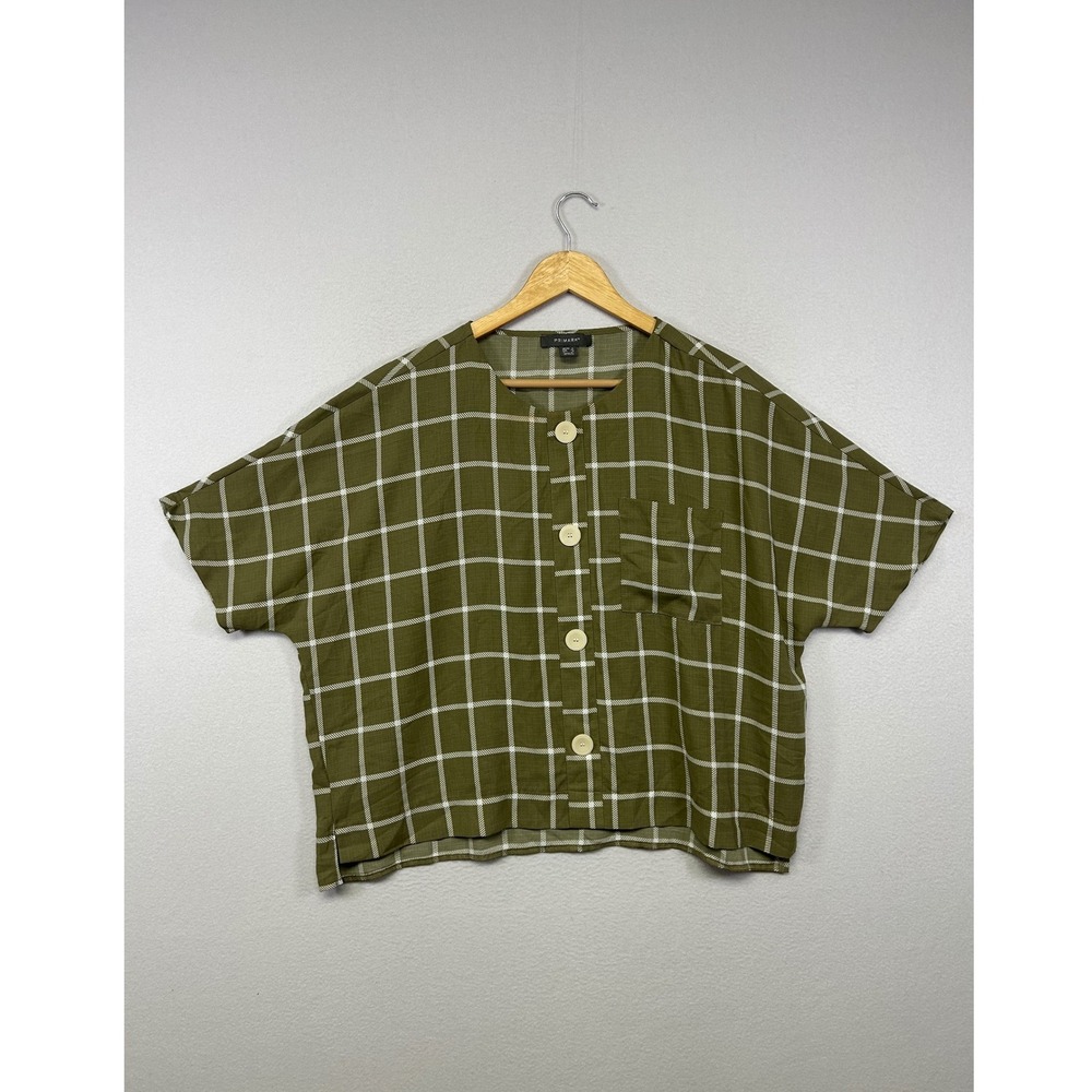 Dark Academia Primark Womens 8 Olive Green Grid Boxy Button Up Crop Top